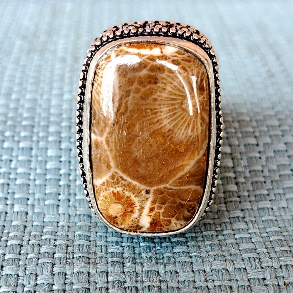 New Fossil Coral 925 Silver Ring.
